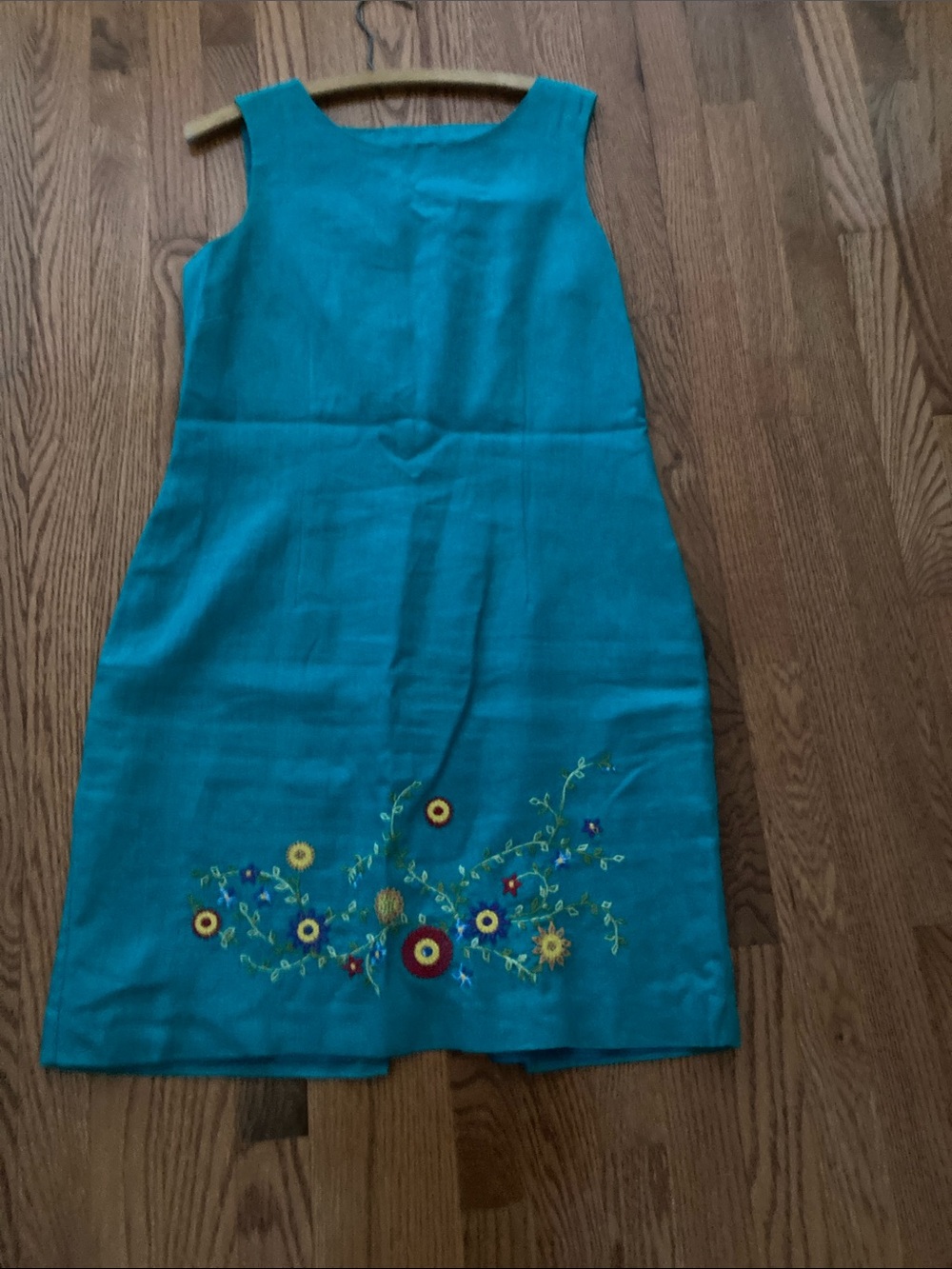 Teal Sleeveless Embroidered linen dress